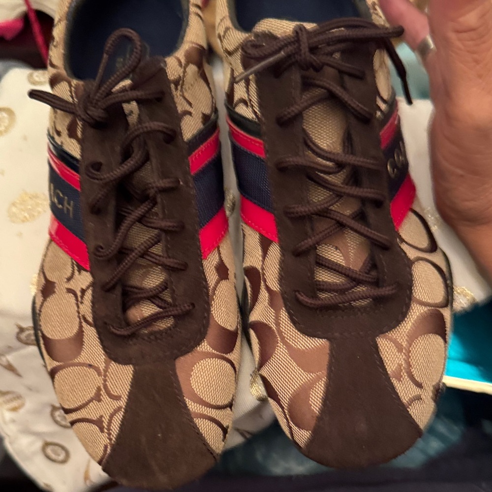 Coach Tan Monogram Sneakers with Red and Blue Accents
